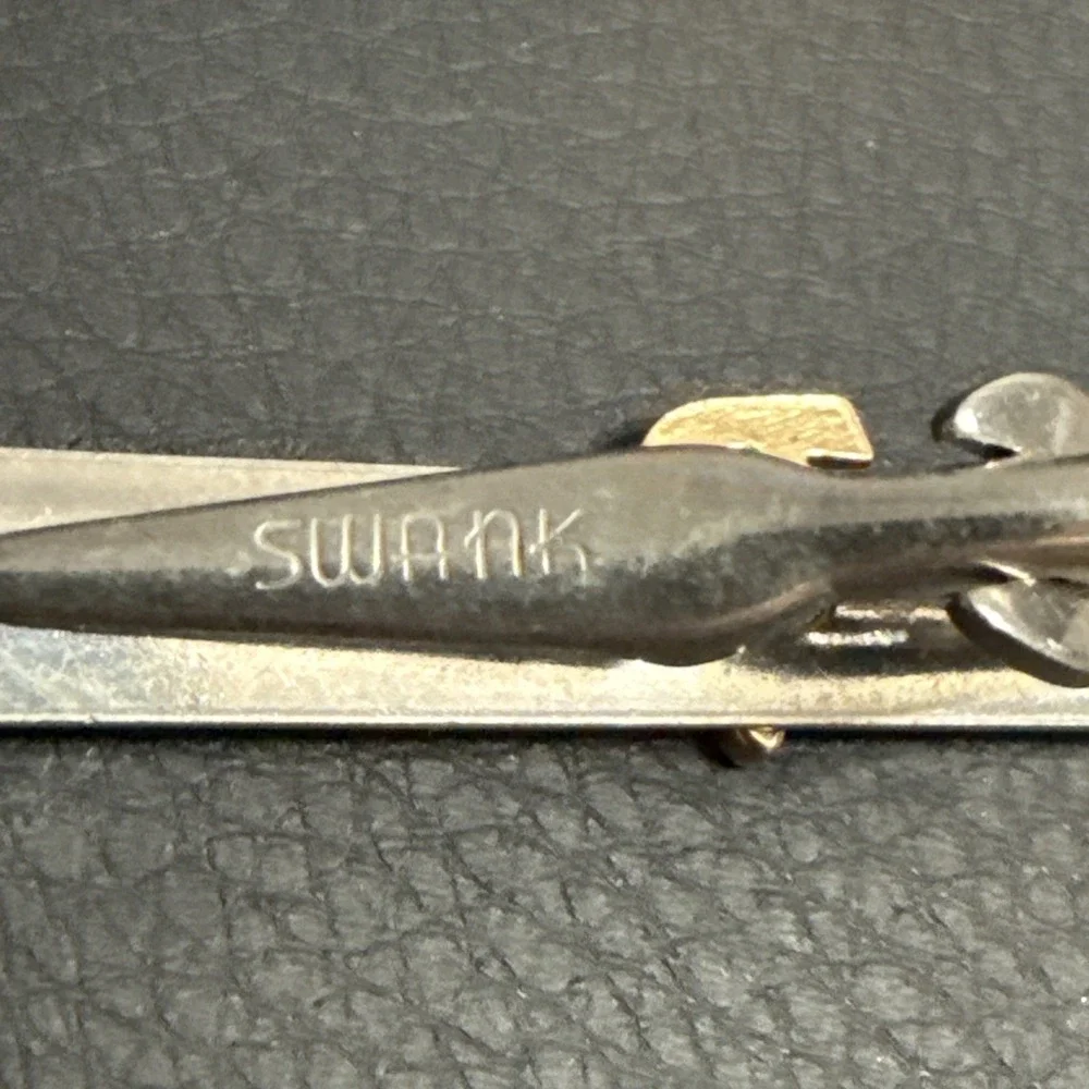 Vtg SWANK Cufflinks & Tie Clip Bar Clasp Set Silver & Gold Tone Personalized RON
